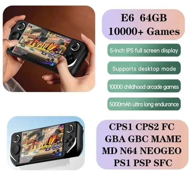 E6 Handheld GAME Console Portable Video Game Support 5-inch IPS Screen 60Hz Screen Retro Gamebox 10000 Games Children's Gift